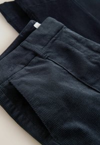 Mörka kordbyxor med ribbad textur, midjeband och sidofickor, visade i en vinkel mot en ljus bakgrund.