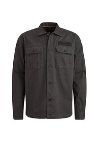 Veste gris foncé en coton, dotée de deux poches poitrine, d'une fermeture à pression sur le devant et d'un discret logo sur la zone gauche de la poitrine.