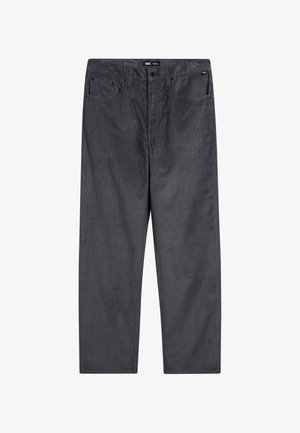 Dunkelgraue Cordhose mit Knopf- und Reißverschluss, Gürtelschlaufen, Vorder- und Gesäßtaschen und einem Vans-Markenlabel am Bund.