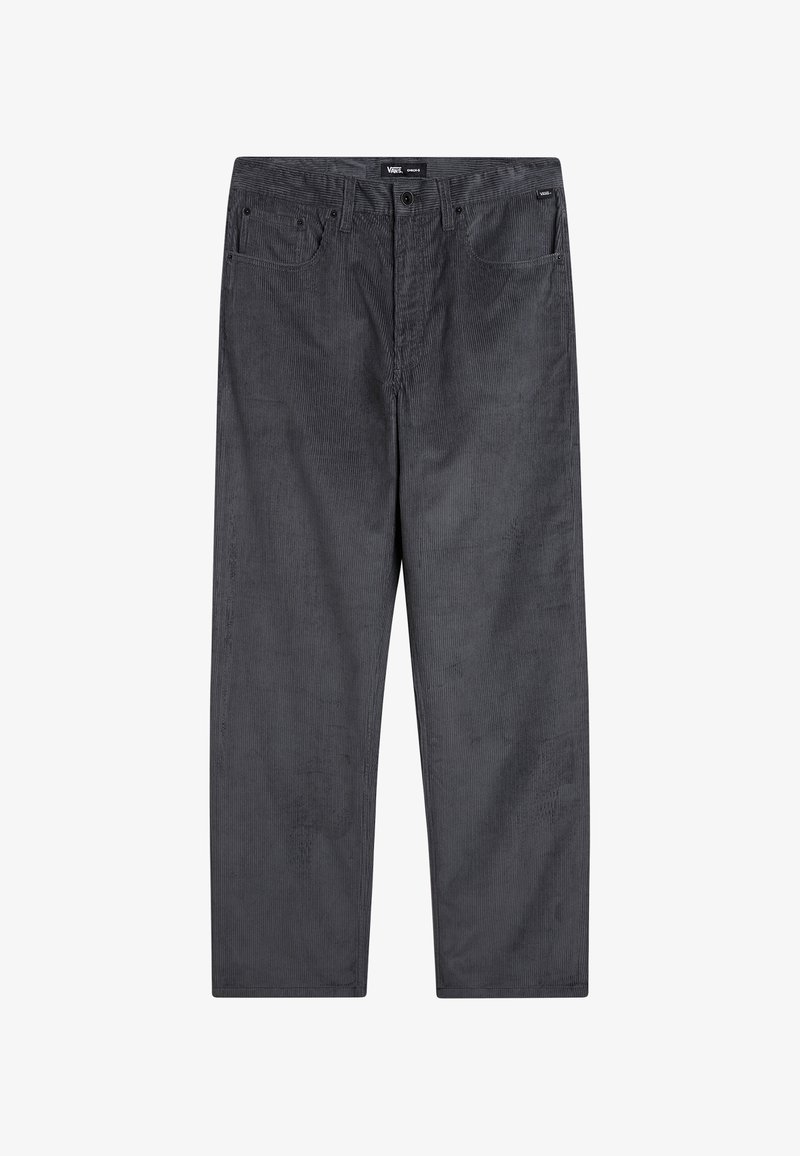 Pantalon en velours côtelé gris foncé avec fermeture par bouton et zip, passants pour ceinture, poches avant et arrière, et étiquette de marque Vans sur la ceinture.