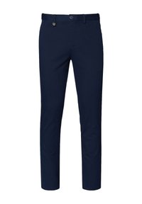Granatowe spodnie wykonane z lekkiego materiału, charakteryzujące się gładką teksturą, standardowym paskiem w talii oraz prostym wzornictwem bez wzorów lub dekoracji.