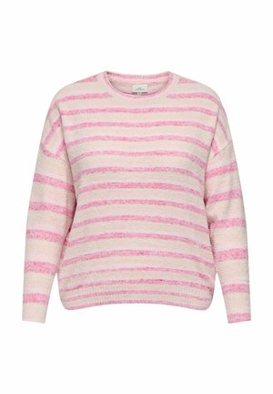 Mīksts garām piedurknēm džemperis ar gaiši rozā un krēmkrāsas horizontālām svītrām un apaļu kakla izgriezumu, izvietots guļus baltā fonā.