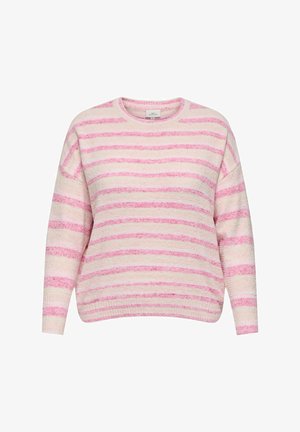 Meki džemper dugih rukava s vodoravnim prugama u svijetlo ružičastoj i krem boji te okruglim izrezom, prikazan položen na bijeloj podlozi.