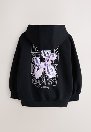 Sudadera con capucha negra con un gran gráfico de globos de colores en la espalda, con texto en blanco. Tejido de algodón, ajuste holgado y puños acanalados.