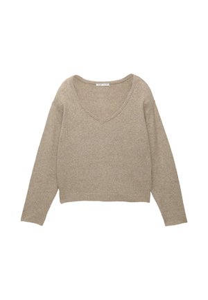 Maglione a V in beige chiaro, caratterizzato da maniche lunghe e un taglio cropped; realizzato in tessuto morbido e testurizzato con una vestibilità comoda.