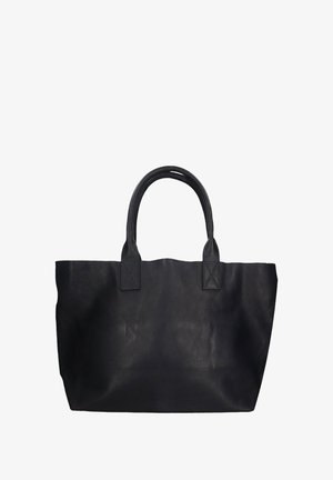 Zwarte leren totebag met dubbele handvatten, rechthoekige vorm, textuurafwerking en zichtbare stiksels op de handvatverbindingen.