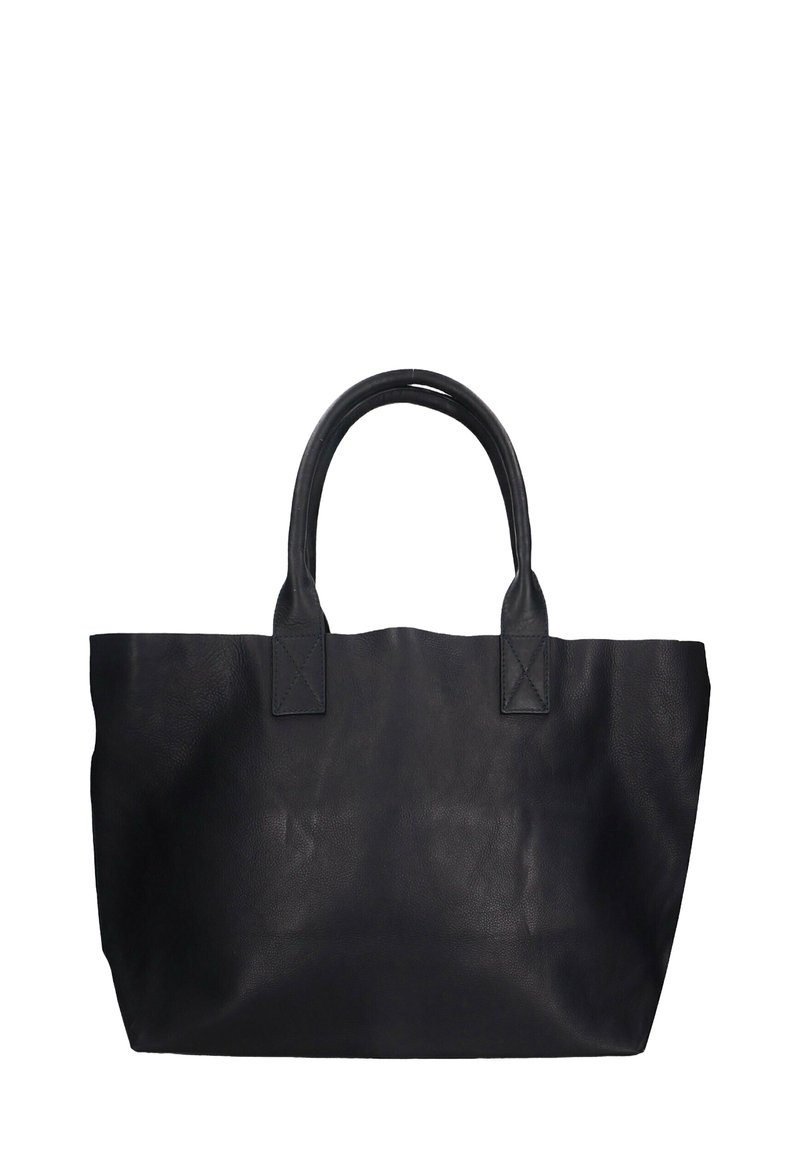 Sac cabas noir en cuir avec doubles poignées, forme rectangulaire, finition texturée et couture visible sur les attaches des poignées.