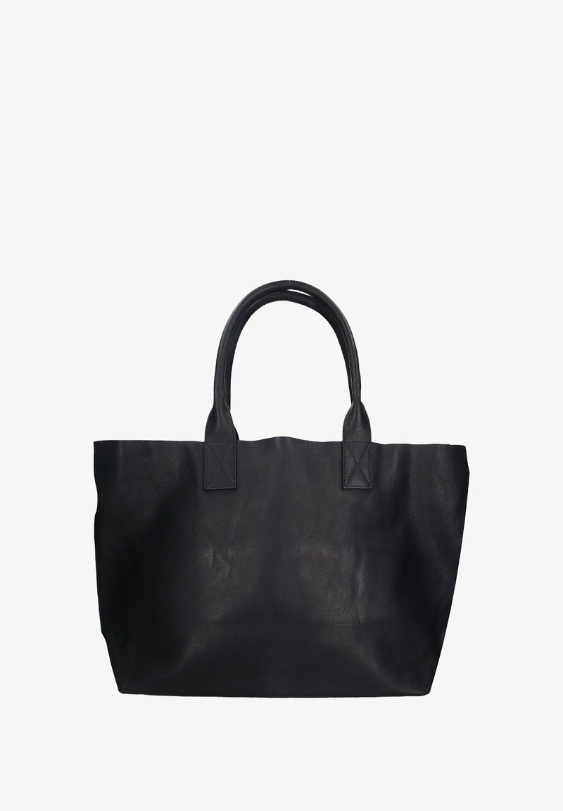 Sac cabas noir en cuir avec doubles poignées, forme rectangulaire, finition texturée et couture visible sur les attaches des poignées.