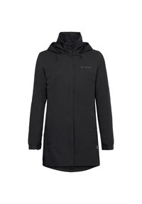 Giacca nera impermeabile con colletto alto, cappuccio regolabile, chiusura con zip frontale e tasche laterali. Realizzata in materiale liscio e leggero.