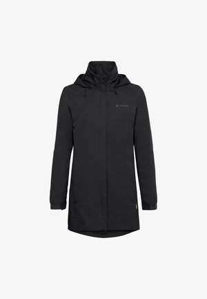 Giacca nera impermeabile con colletto alto, cappuccio regolabile, chiusura con zip frontale e tasche laterali. Realizzata in materiale liscio e leggero.