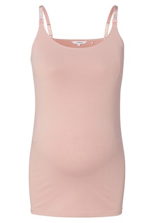 Débardeur de maternité rose clair en tissu doux et extensible. Il présente des bretelles réglables et une coupe ajustée pour un confort pendant la grossesse.