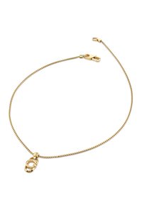 Bracelet en chaîne dorée avec un design cylindrique texturé. Il dispose d'une fermeture à clip et d'un détail décoratif en boucle entrelacée.