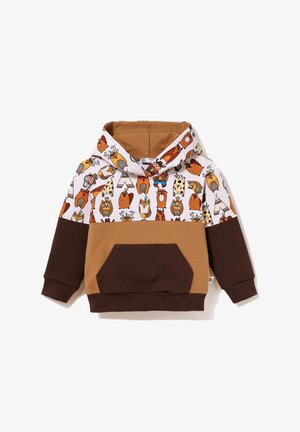 Bluza z kapturem z kolorowym wzorem zwierzęcym na górnej części, dolna część w odcieniach brązu i beżu, z przednią kieszenią i miękką fakturą.