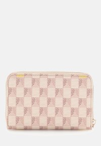 Portafoglio rosa con un motivo a scacchi con strisce orizzontali e verticali. Presenta una chiusura con zip e una finitura liscia e testurizzata.