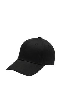 Schwarze Baseballmütze aus Stoff, mit einem gebogenen Schirm, sechs Belüftungsöffnungen und einem gestickten Logodetail an der Seite.