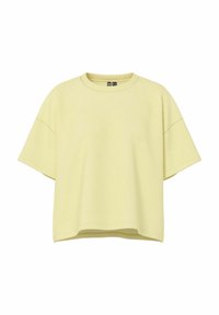T-shirt ample en coton jaune clair à manches courtes avec col rond et étiquette de taille visible à l’intérieur du col, présenté sur fond blanc.