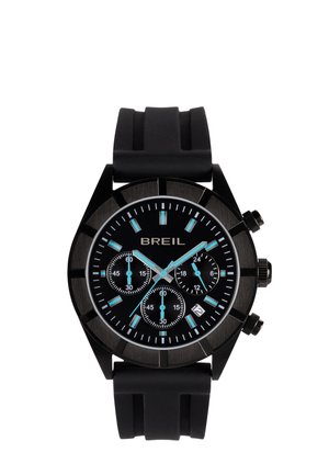 Orologio da polso Breil nero con tre quadranti secondari, lancette e indicatori blu e bianchi, finestra per la data, quadrante rotondo e cinturino in silicone nero.