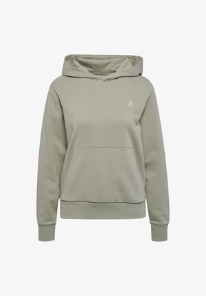 Hættetrøje i lys grøn med en frontlomme, ribbede manchetter og kant, samt en diskret logo-accent. Blødt struktureret stof.