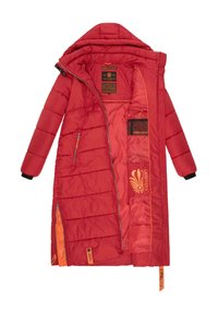 Red insulated parka jacket with a hood, featuring quilted sections, orange accents, zippered front, and interior pockets.
