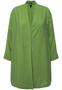 Zelený lehký kimono kabát s uvolněným střihem, hlubokým V výstřihem, třičtvrtinovými rukávy a texturovanou látkou.
