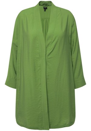 Grøn letvægtskimonojakke med en afslappet pasform, der har en dyb V-hals, trekvartærmer og et struktureret stof.