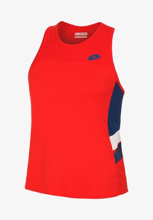 Red sleeveless athletic tank top made of lightweight fabric, featuring a blue and white geometric accent on the sides. Lotto logo displayed.