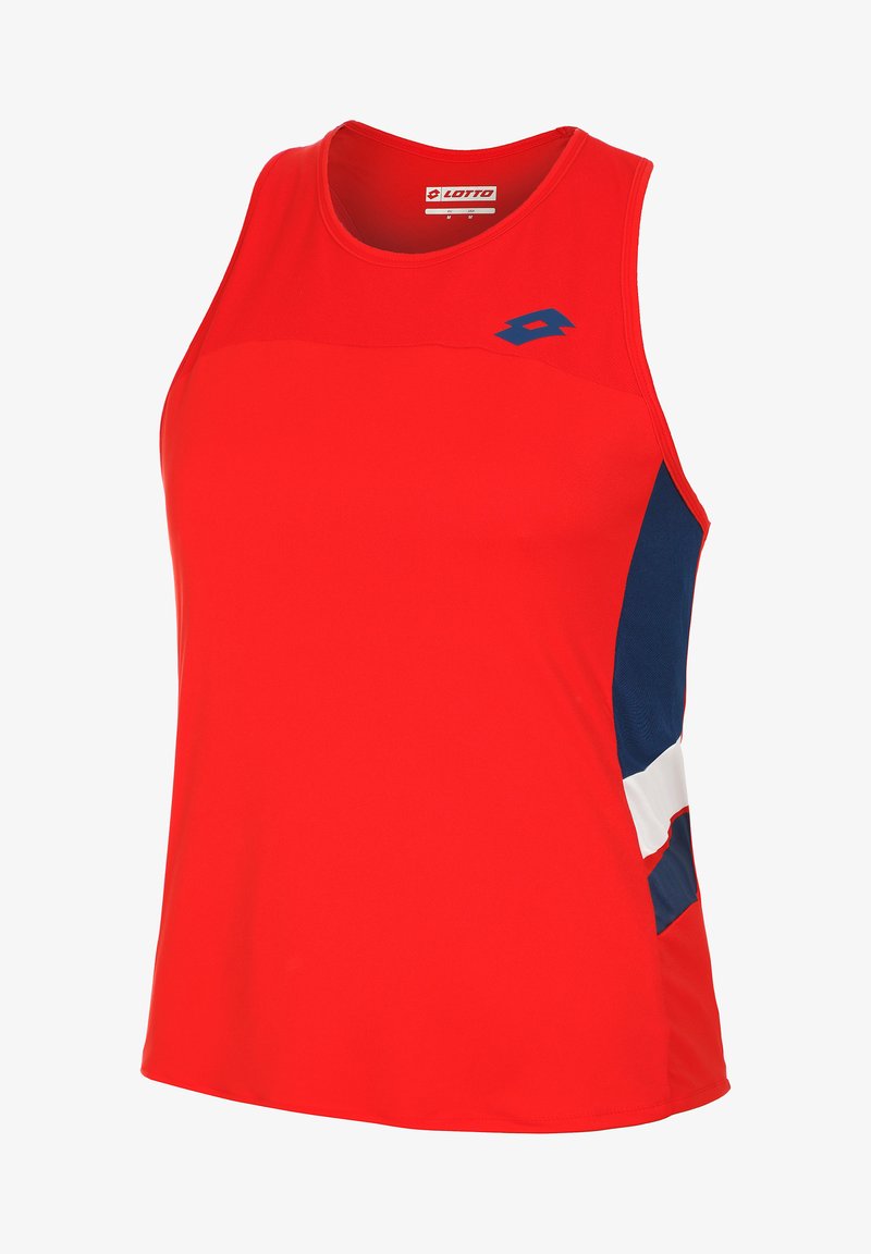 Débardeur de sport sans manches rouge en tissu léger, avec un accent géométrique bleu et blanc sur les côtés. Logo Lotto affiché.