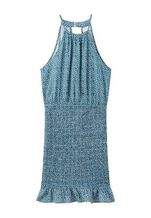 Robe bleue sans manches avec motif circulaire blanc, col licou, taille froncée et ourlet à volants.