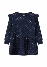 Vestido de manga larga azul marino con volantes en los hombros, que presenta un patrón de pequeños corazones rosas y blancos en el cuerpo y una falda acampanada.
