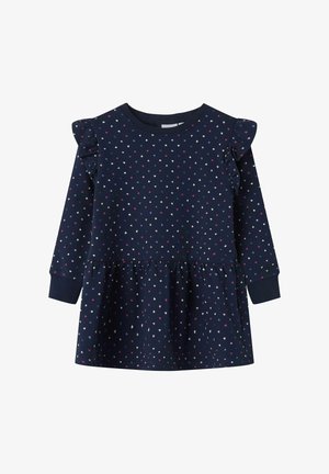 Ναυτικό φόρεμα με μακρύ μανίκι και ρίγες στους ώμους, με σχέδιο από μικρές ροζ και λευκές καρδιές στο σώμα και φουσκωτή φούστα.