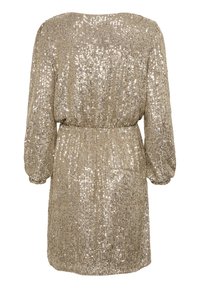 Glittrande guldfärgad klänning med paljettbesatt tyg, avslappnad passform, långa puffärmar och resår i midjan för justerbar komfort.