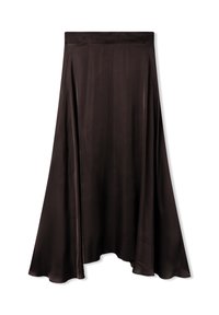 Gonna in satin marrone con una silhouette a trapezio fluida, texture liscia e vita alta. L'orlo presenta un delicato motivo a onda.