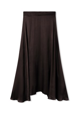 Gonna in satin marrone con una silhouette a trapezio fluida, texture liscia e vita alta. L'orlo presenta un delicato motivo a onda.