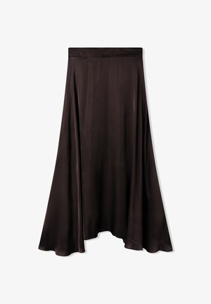 Gonna in satin marrone con una silhouette a trapezio fluida, texture liscia e vita alta. L'orlo presenta un delicato motivo a onda.