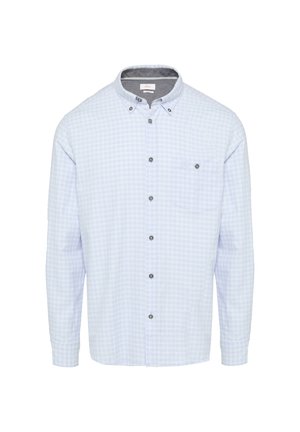 Hellblaues Hemd mit kariertem Muster, grauer Kragenverzierung und einer einzelnen Brusttasche. Verfügt über dunkel geknöpfte Knöpfe. Lange Ärmel.