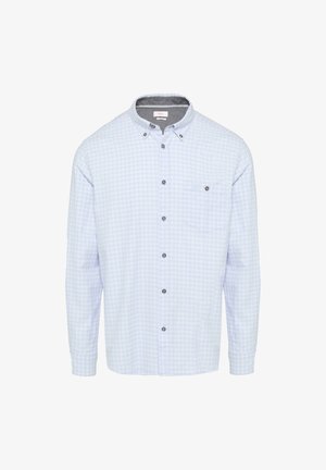 Hellblaues Hemd mit kariertem Muster, grauer Kragenverzierung und einer einzelnen Brusttasche. Verfügt über dunkel geknöpfte Knöpfe. Lange Ärmel.