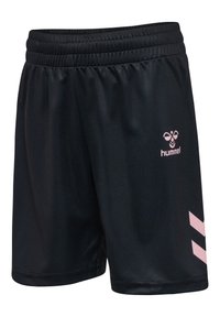 Schwarze Sportshorts mit elastischem Bund, versehen mit pinkem Hummel-Logo und zwei pinken Chevron-Streifen am rechten Bein.