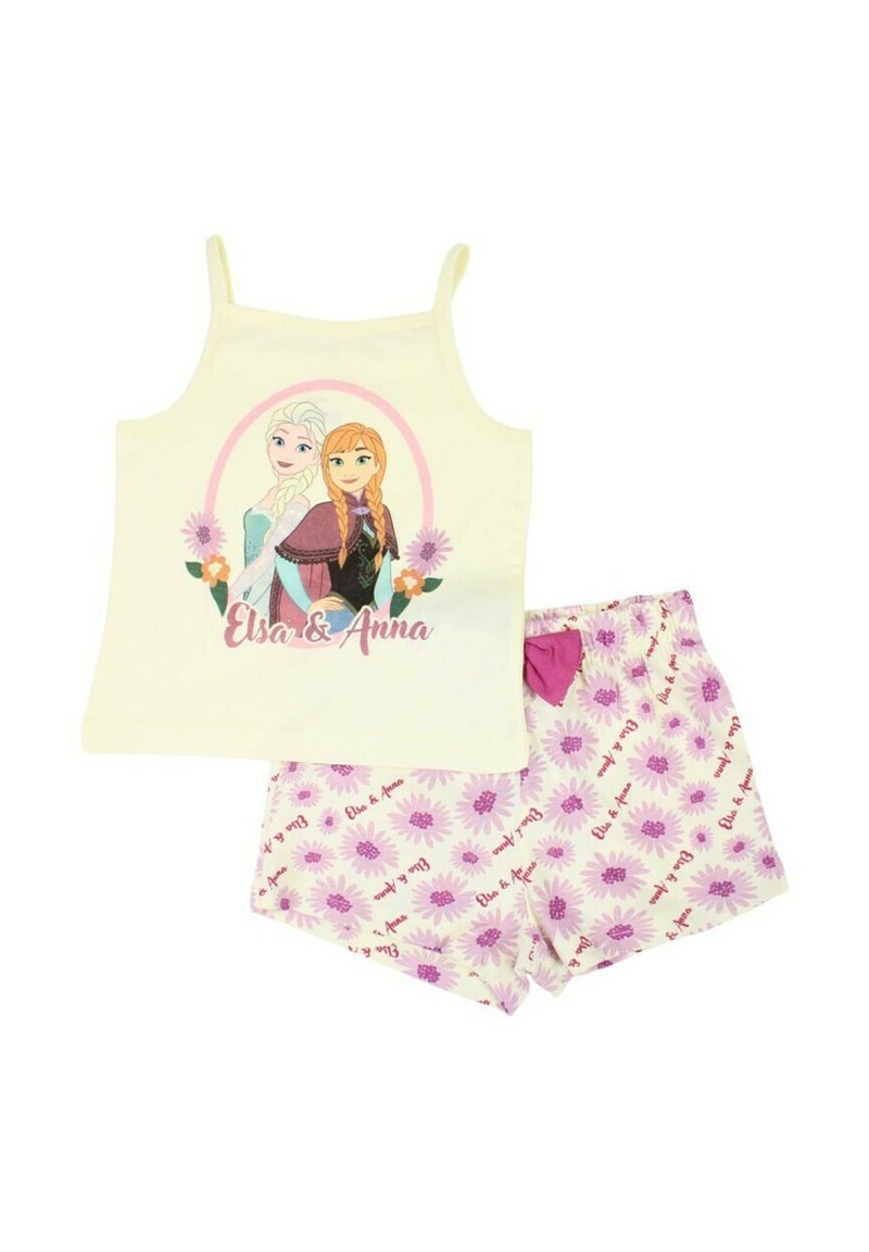 Débardeur jaune avec motif "Elsa & Anna" ; short rose à fleurs avec des fleurs violet clair et un détail de nœud sur la ceinture. Matière en coton.