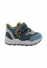 Scarpa sportiva per bambini con pannelli blu, grigi e gialli, strap in velcro, colletto imbottito e suola grigia testurizzata.