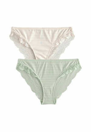 Hüftslips mit Spitzenbesatz in Hellrosa und Sanftgrün. Beide weisen ein gestreiftes Design mit floralen Spitzenakzenten an den Kanten auf, die für Textur und Details sorgen.