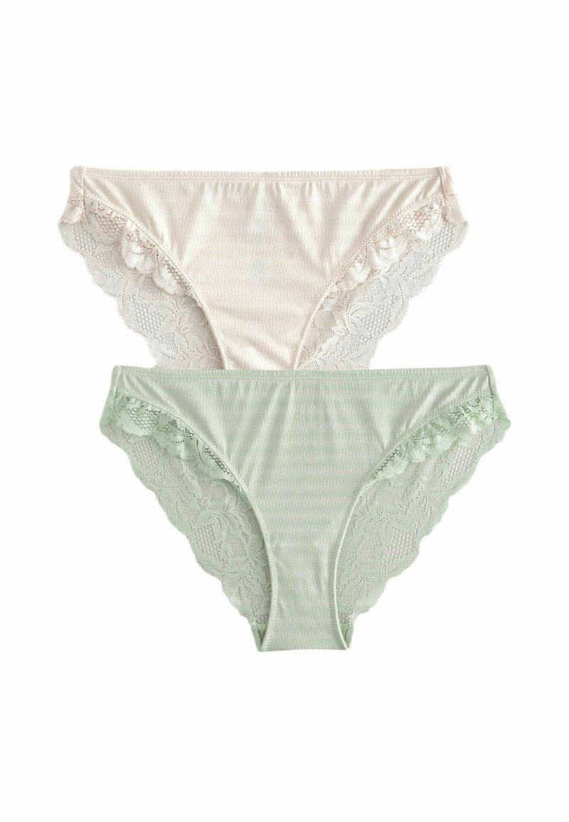 Hüftslips mit Spitzenbesatz in Hellrosa und Sanftgrün. Beide weisen ein gestreiftes Design mit floralen Spitzenakzenten an den Kanten auf, die für Textur und Details sorgen.