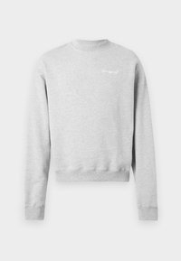 Gray crewneck sweatshirt made of cotton blend fabric. Features ribbed cuffs and hem, with small white logo on left chest area.