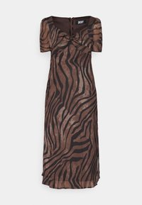 Robe midi marron à rayures zébrées noires, manches courtes bouffantes, détail torsadé à l'avant et fermeture éclair au dos de DKNY.
