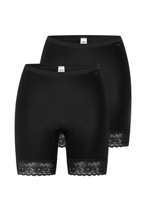 To par sorte dame-shorts med blondekant ved benåbningerne, vist mod en hvid baggrund.