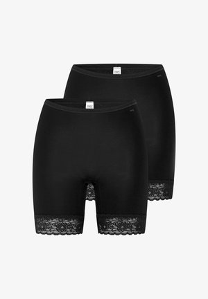 To par sorte dame-shorts med blondekant ved benåbningerne, vist mod en hvid baggrund.
