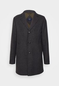 Cappotto a quadri marrone con design a un solo petto, rever a punta e tre bottoni frontali. Interno foderato in verde oliva.