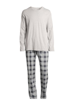 Lys grå langærmet bluse og marineblå ternede pyjamabukser. Blusen er lavet af blødt bomuld, og bukserne har et ternet mønster med elastisk talje.