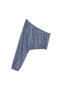 Langärmlige Bluse mit einseitigem Design, blauem Stoff mit weißen Blumenmustern, strukturiert mit gerafften Akzenten am Ärmel.