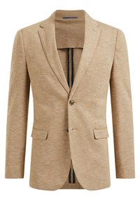 Beige rutig blazer tillverkad av vävt tyg, med slagkrage, två framfickor, enknappsstängning och ventilerad rygg.