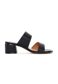 Black leather open-toe heeled sandal with two wide straps and a block heel. Smooth texture with a glossy accent at the heel base.